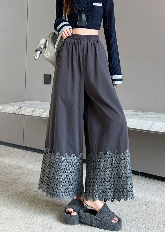Grey Patchwork Cotton Wide Leg Pants Fall