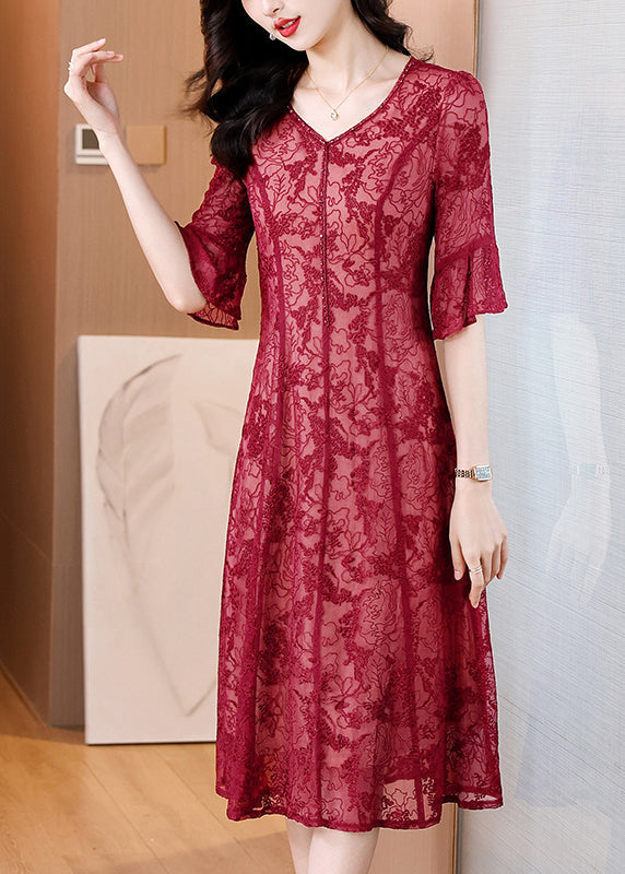 Red V Neck Embroidered Silk Dress Flare Sleeve