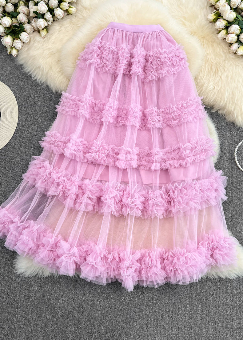 Pink Ruffled Patchwork Tulle Cake Skirt Spring