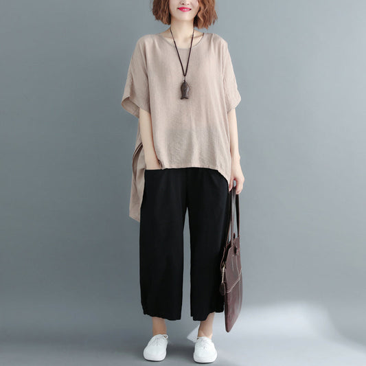 New Khaki Midi-length Cotton Linen T Shirt Loose Fitting Cardigans Short Sleeve O Neck Linen Blouses