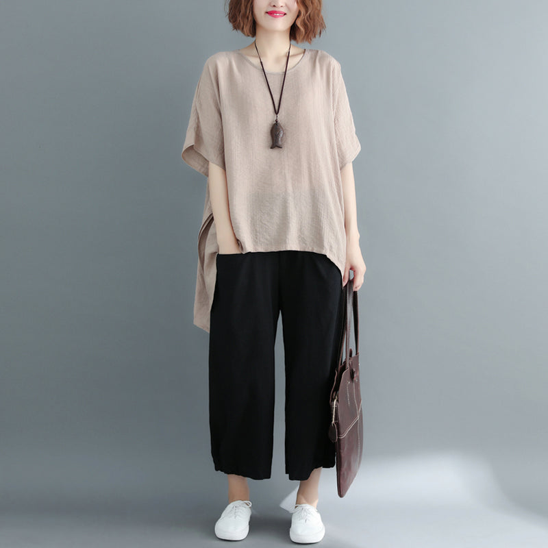 New Khaki Midi-length Cotton Linen T Shirt Loose Fitting Cardigans Short Sleeve O Neck Linen Blouses