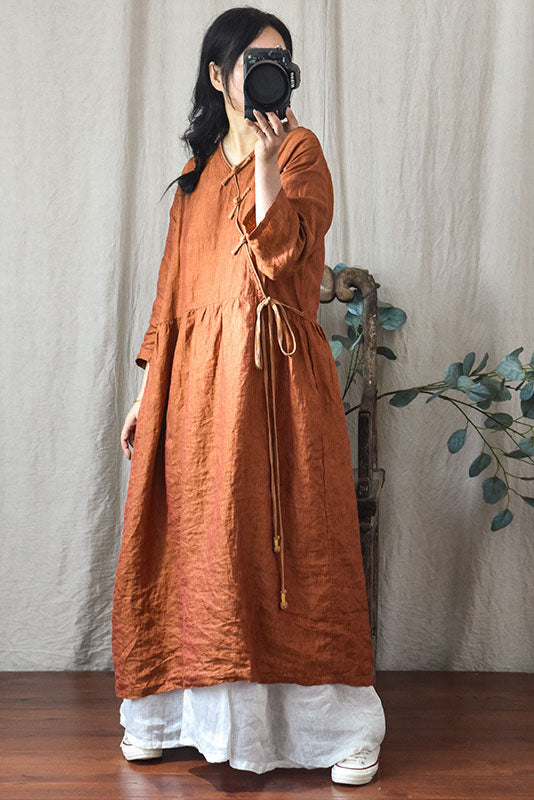 -spring Retro Linen Buckle Dress
