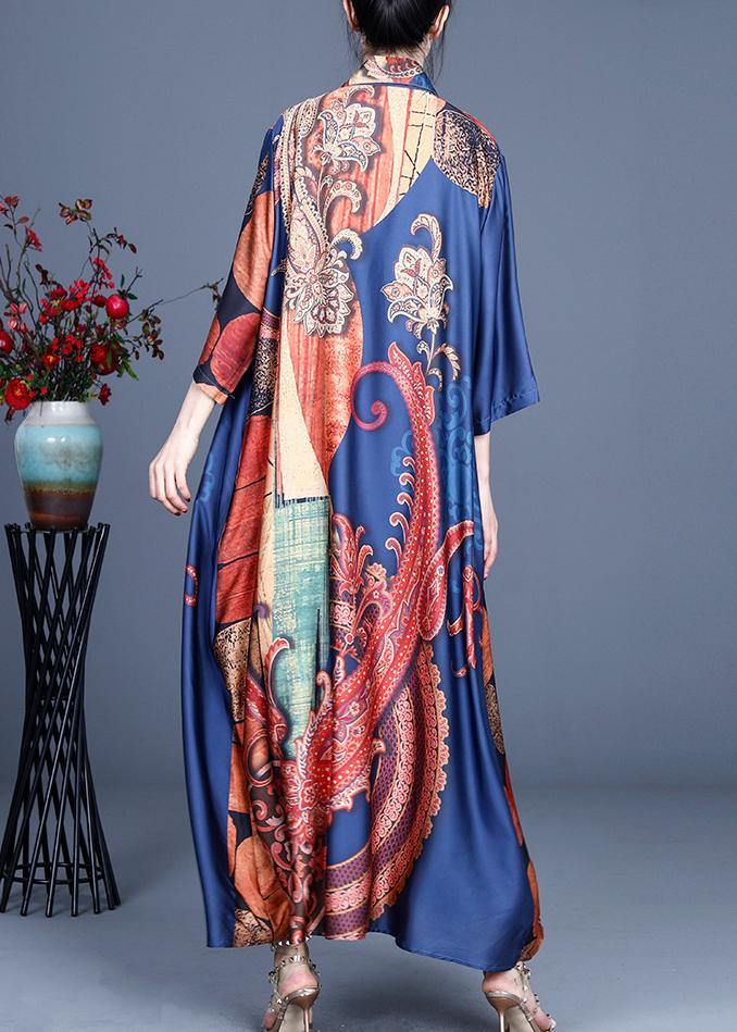 Blue Print Summer Silk Button Cardigan Long