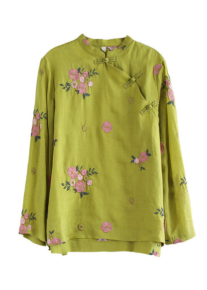 Fitted Yellow Mandarin Collar Embroidered Linen Blouse Top Long Sleeve