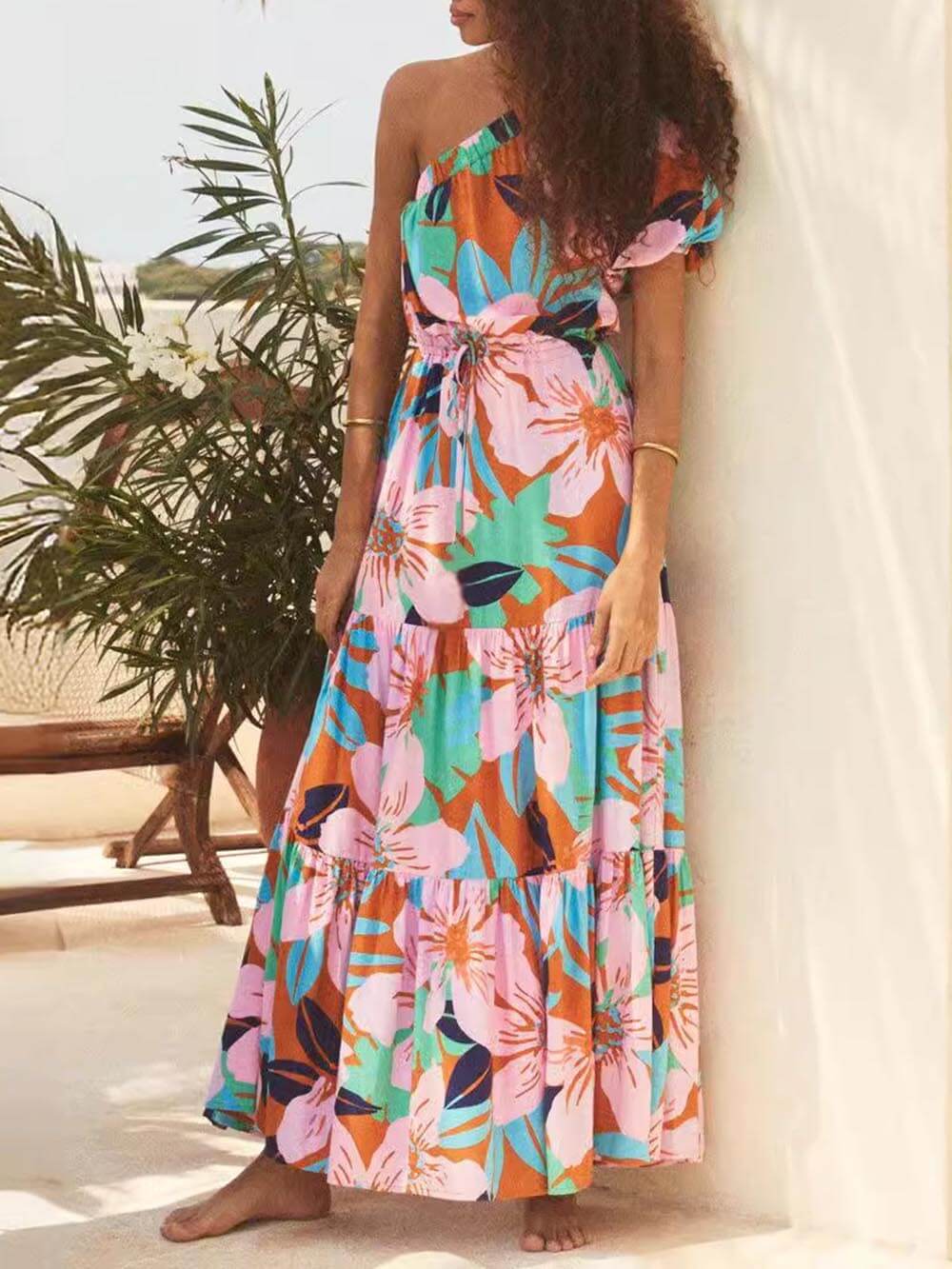 Off-shoulder Palm Leaf Print Holiday Style Dress