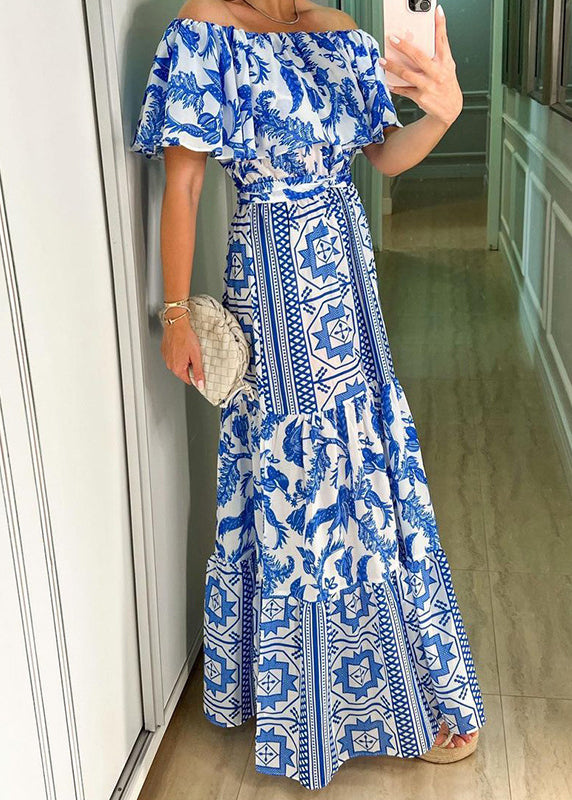 Classy Blue Slash Neck Ruffled Print Cotton Dresses Summer