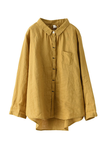 Yellow Peter Pan Collar Patchwork Linen Shirts Top Long Sleeve
