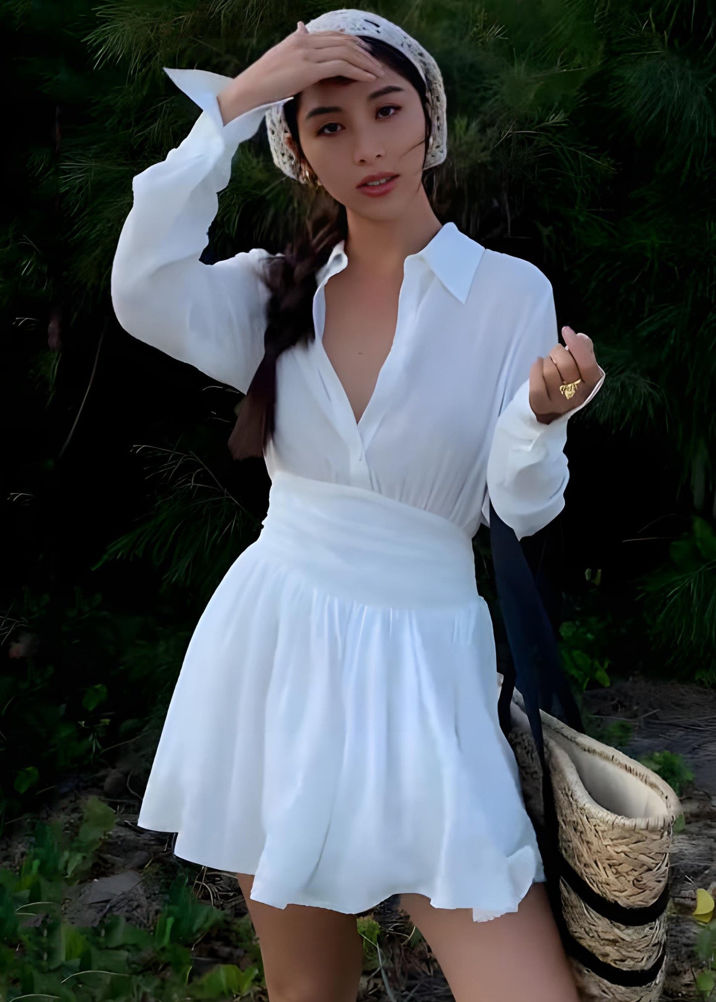 French White V Neck Shirt and Skirts Two Piece Set Fall