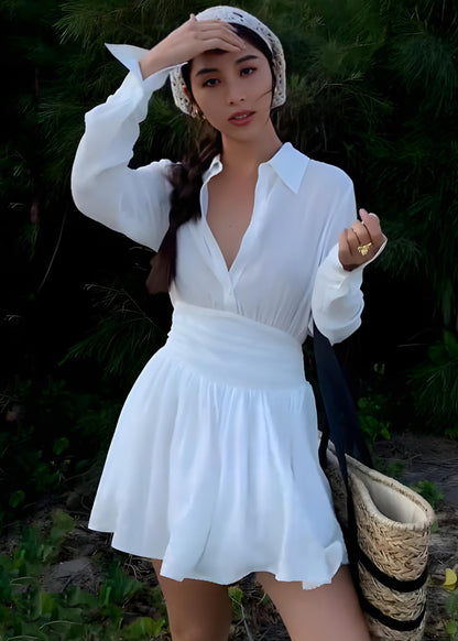 French White V Neck Shirt and Skirts Two Piece Set Fall
