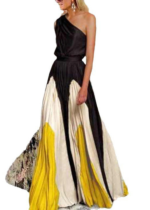 Green One Shoulder Patchwork Cotton Dresses Summer