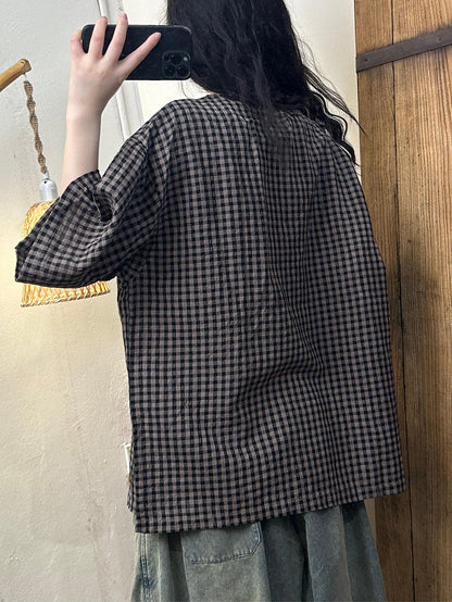 Summer Plaid Spliced Linen Shirt
