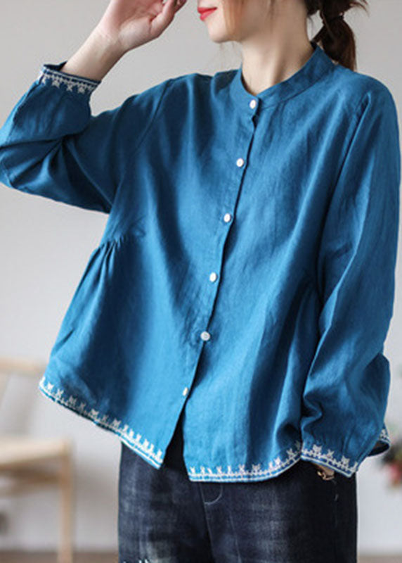 Organic Blue Loose Button Fall Long Sleeve Blouses