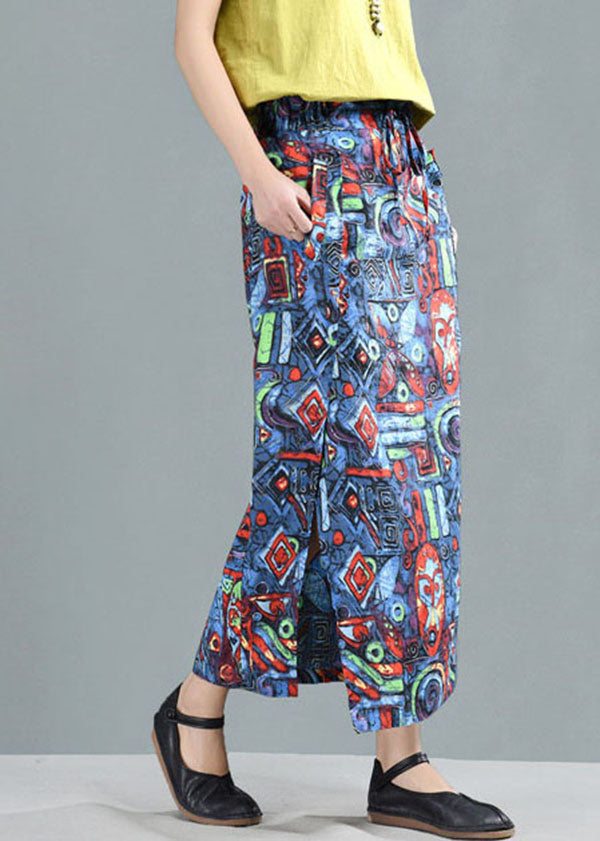 Blue Elastic Waist Pockets Print Linen a Line Skirt Summer