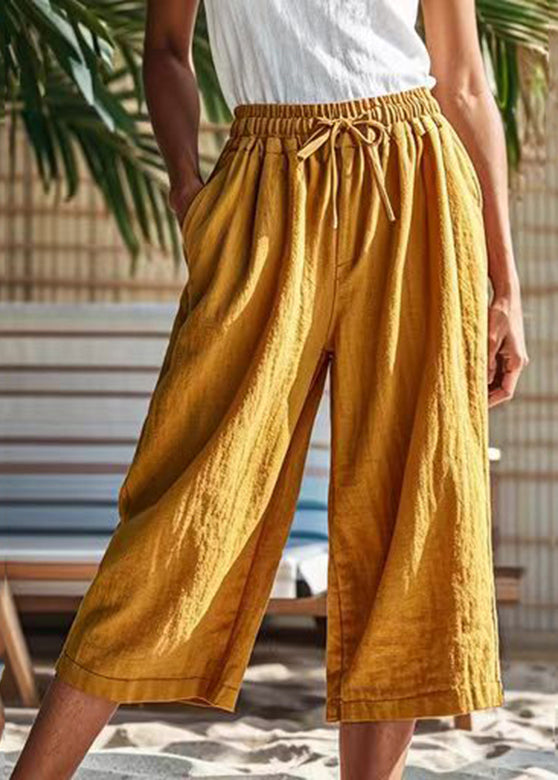 Earth Yellow Pockets Patchwork Elastic Waist Crop Pants Summer