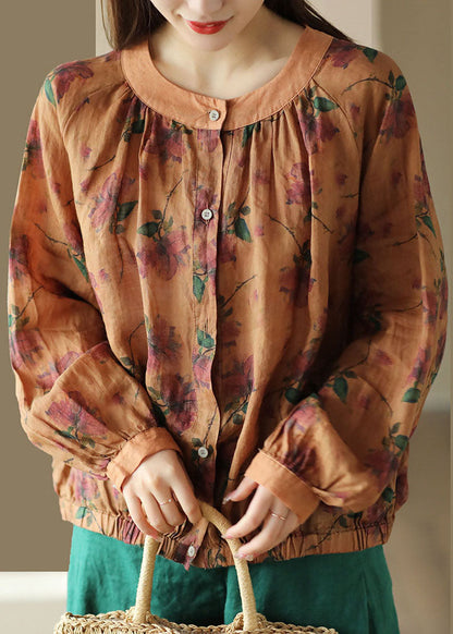Orange O Neck Wrinkled Print Patchwork Linen Shirt Tops Spring