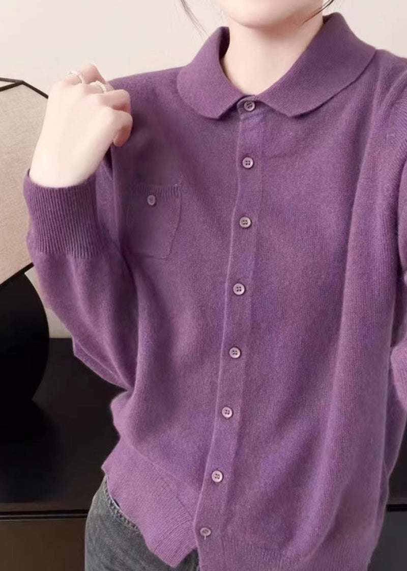 Handmade White Peter Pan Collar Pockets Cotton Knitted Cardigans Fall