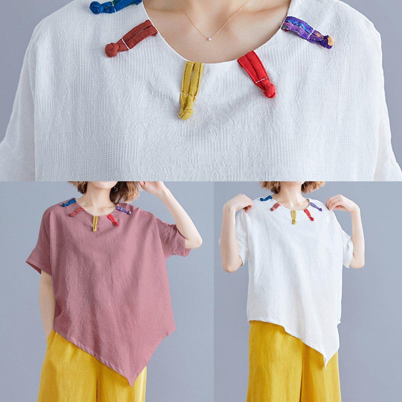 French O Neck Asymmetric Linen Cotton Tunic Top Brown Cotton Top Summer