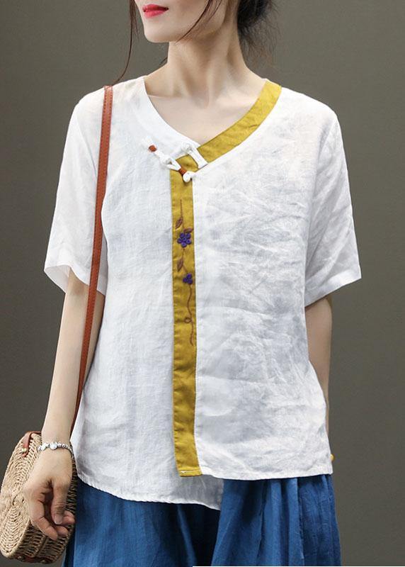 Purple Embroidered Asymmetrical Design Patchwork Summer Linen Blouse Top Short Sleeve
