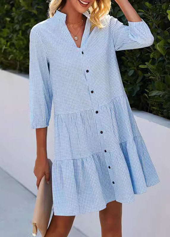 Blue V Neck Plaid Button Cotton Mid Dress Summer