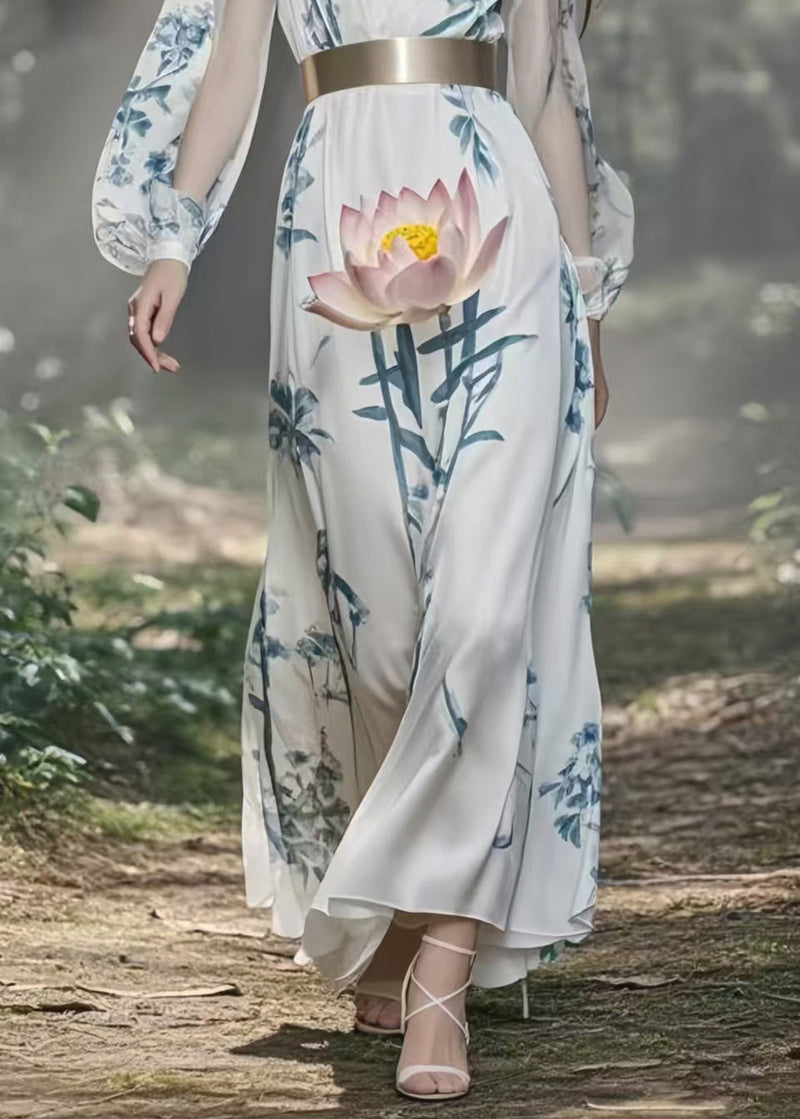 White Cinched Lotus Print Silk Holiday Dress Spring
