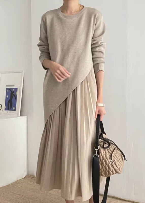 Khaki Asymmetrical Wrinkled Knit Dress Two Piece Set Spring