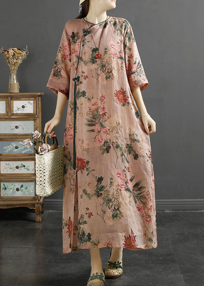 Pink Tasseled Print Patchwork Linen Dresses Summer
