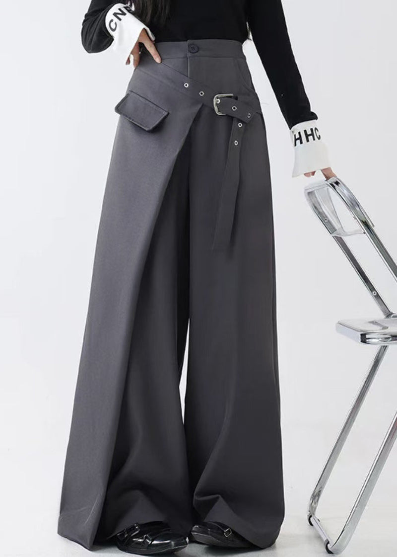Grey False Two Pieces Spandex Fall Wide Leg Pants Pockets