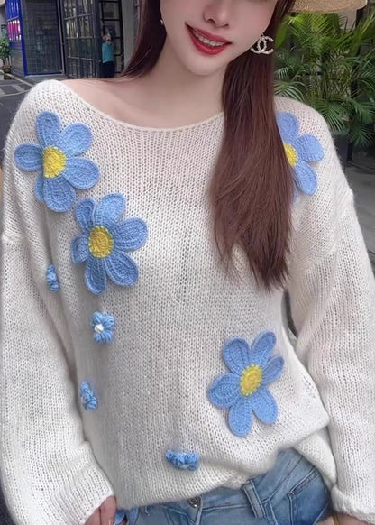 Stylish White O Neck Hollow Out Knit Sweater Tops Fall