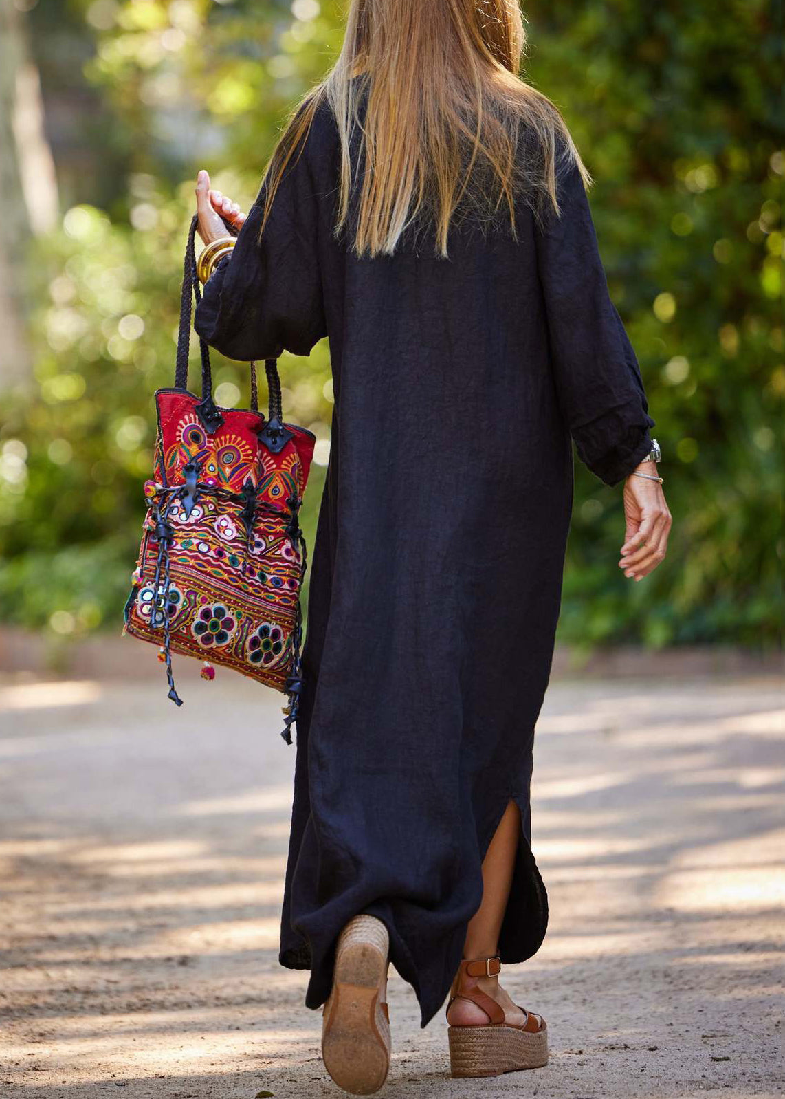 Simple Black V Neck Button Cotton Long Dress Summer