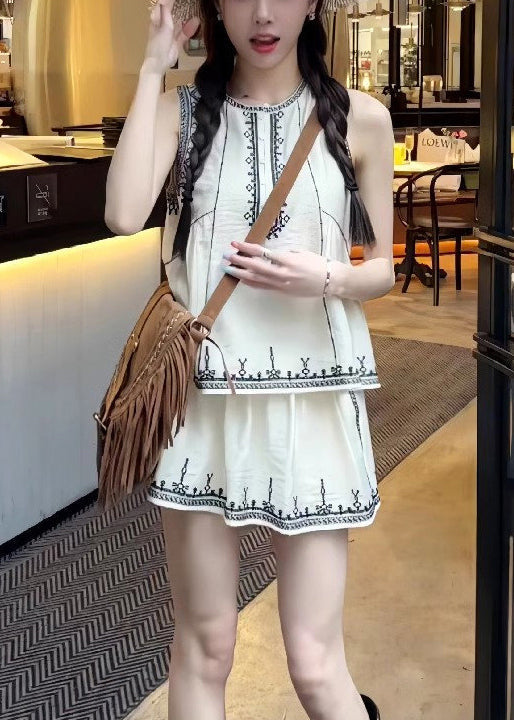Art White Embroidered Tops and Skirts Cotton Two Pieces Set Sleeveless