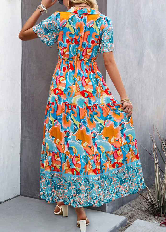 Green Peter Pan Collar Print Cotton Long Dress Summer