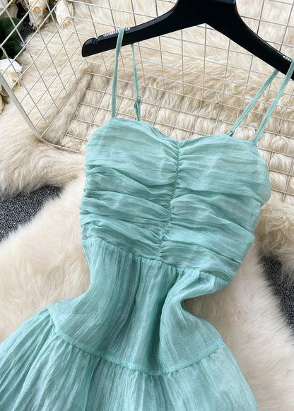 Lake Green Wrinkled Chiffon Spaghetti Strap Dress Summer