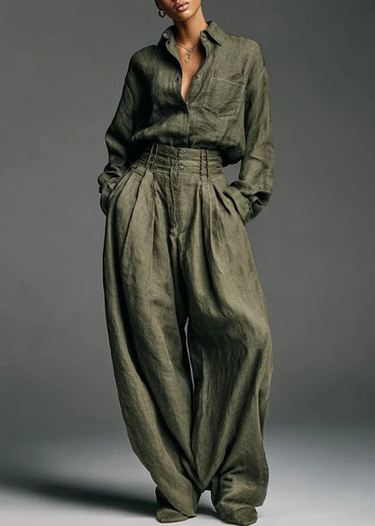 Army Green Button Pockets Shirts and Pants Two Piece Set Spring