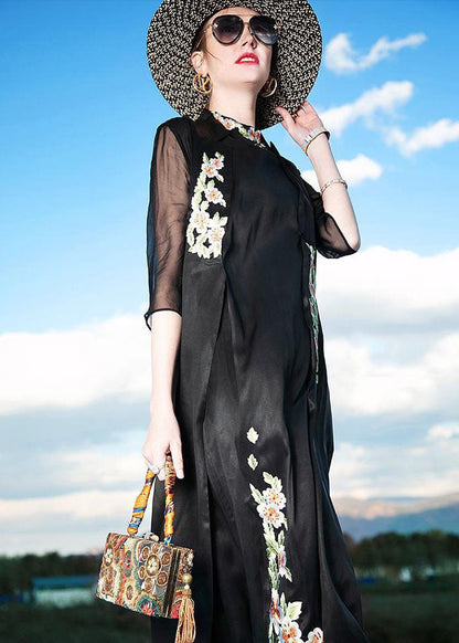 Black Embroideried Patchwork Silk Cardigans Summer
