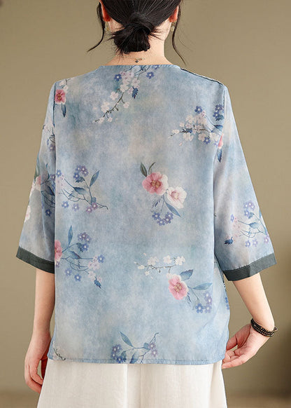 Blue V Neck Print Patchwork Cotton Tops Summer
