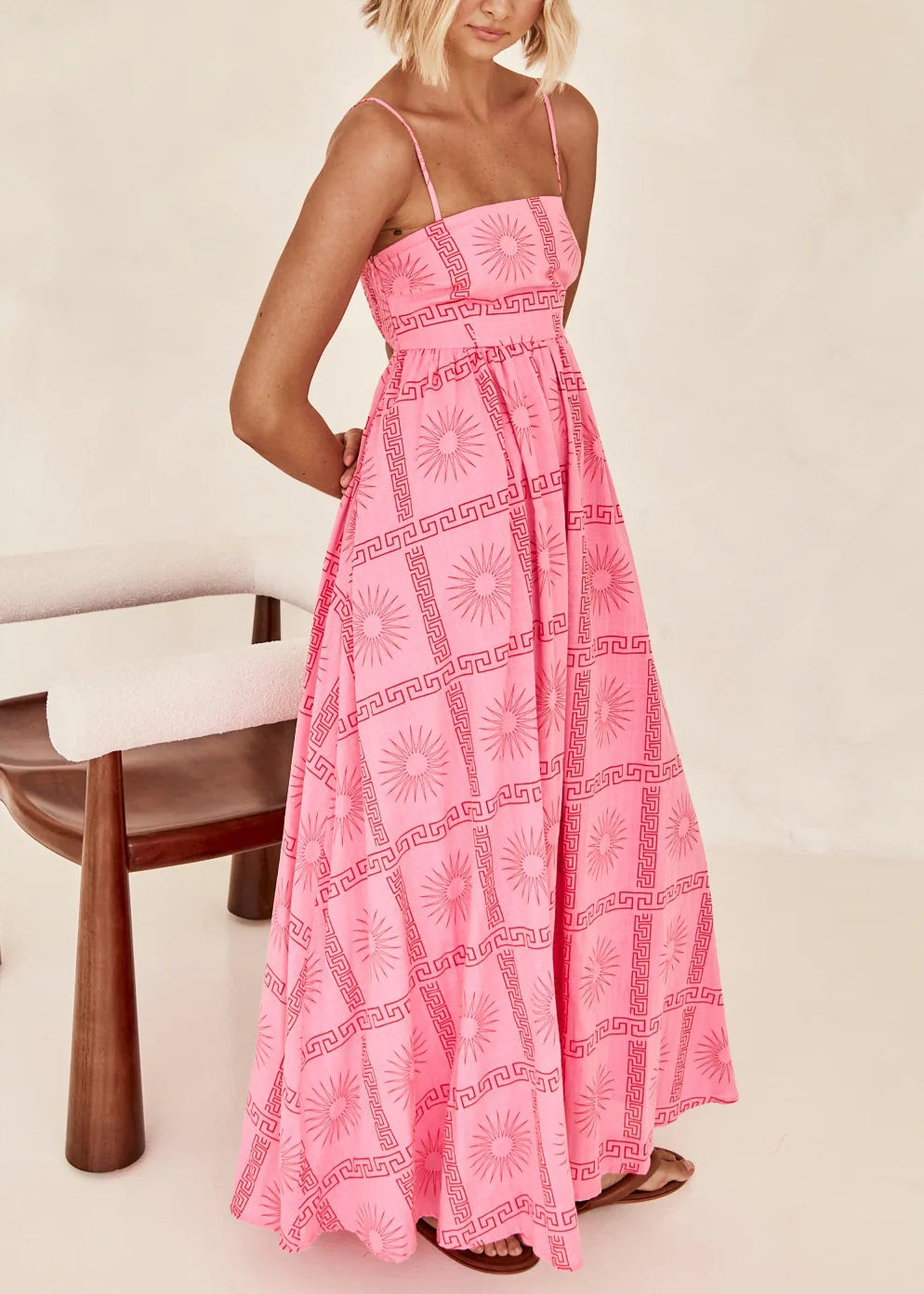 French Pink Print Hollow Out Cotton Spaghetti Strap Dress Summer