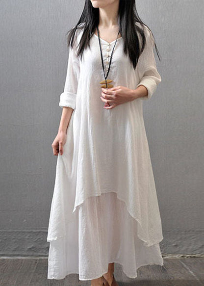Long Sleeve Double Layers Button Asymmetric Orange Polka Dots Maxi Dress