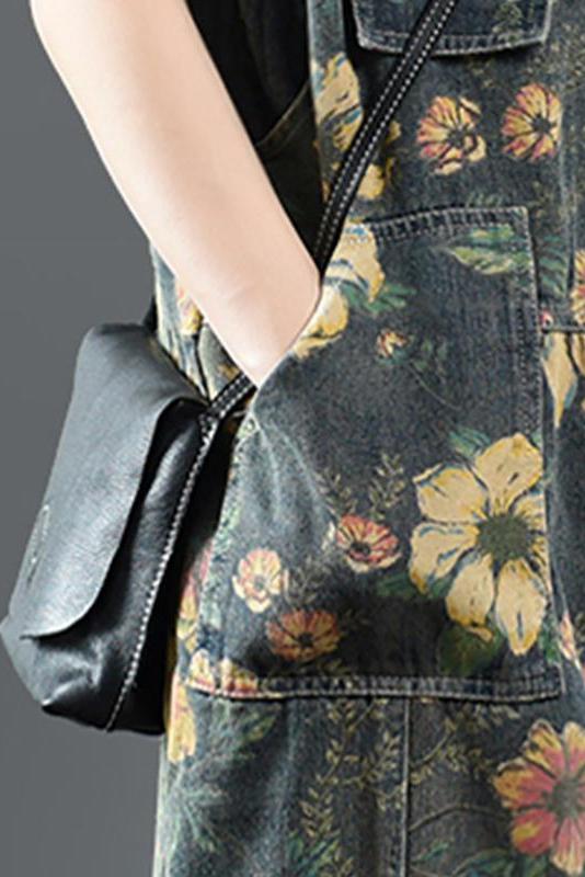Limited Stock- Flower Print Denim Cotton Jumpsuit Dungarees