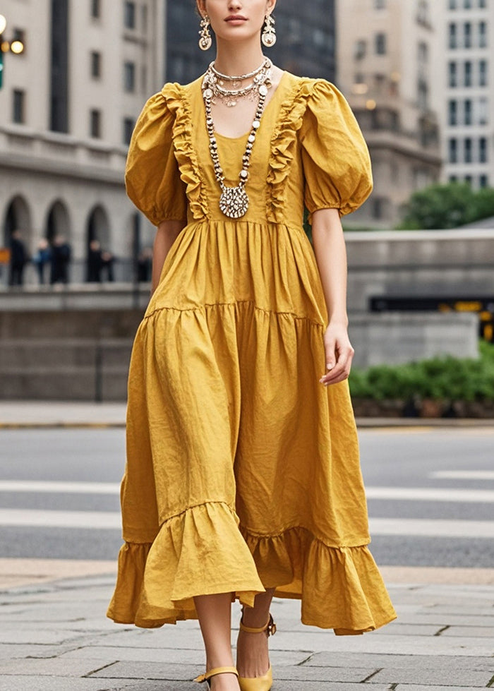 Diy Yellow Puff Sleeve Ruffled Cotton Long Dress