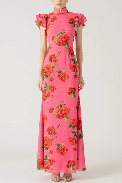 Cheongsam Style Rose Print Tiered Flare Sleeve Stretch Maxi Dress