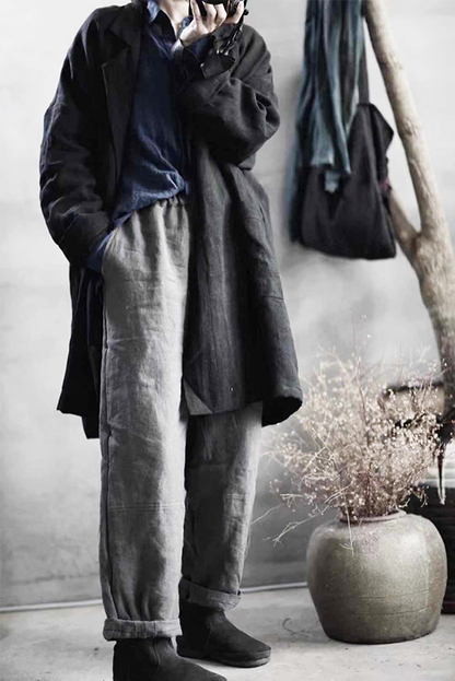 Fall Black Simple Retro Linen Coat