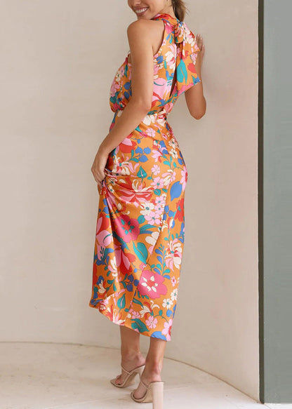 French Orange Print Lace Up Silk Dress Sleeveless