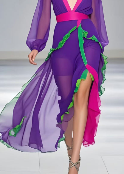 Purple Asymmetrical Patchwork Ruffled Chiffon Sundress