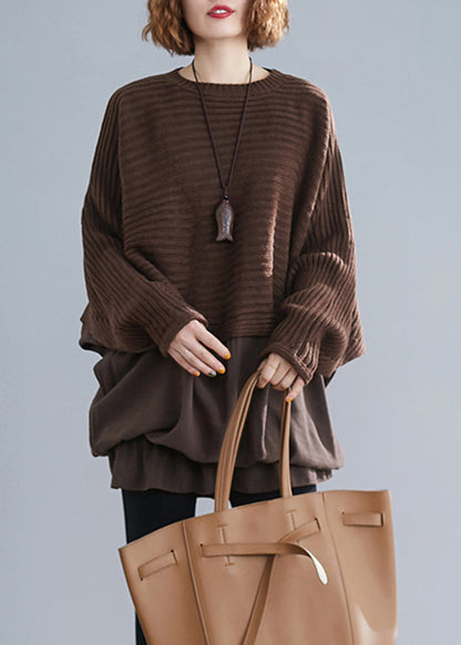 Style Chocolate O-neck Patchwork Knit Sweaters Batwing Sleeve