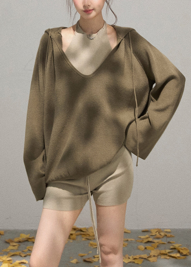 Army Green Knit Pullover V Neck Hooded Fall