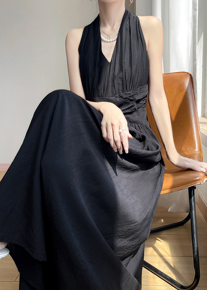 Black Wrinkled Cotton Maxi Dresses V Neck Summer