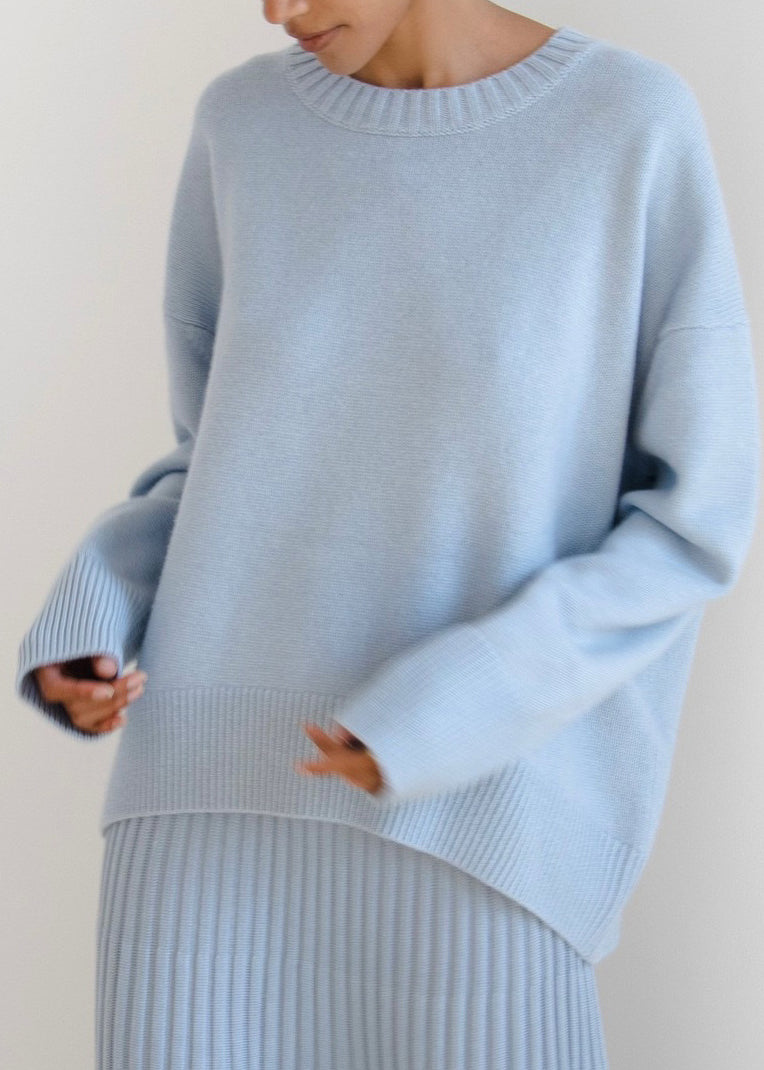 Simple Style Light Blue O Neck Knit Sweater Tops Spring
