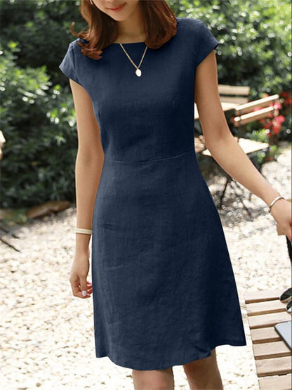 Comfortable Female Cotton and Linen Color Back Big V Hollow-out Round Neck Dress