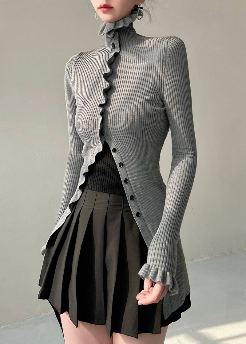 Grey Turtleneck Button Knit Sweater Butterfly Sleeve