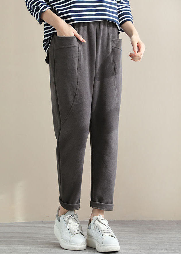 Grey High Waist Pockets Cotton Crop Pants Spring